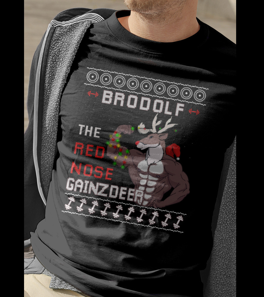 Brodolf The Red Nose Gainzdeer Lifting Weights Festive Sweater Style Fitness T-Shirt