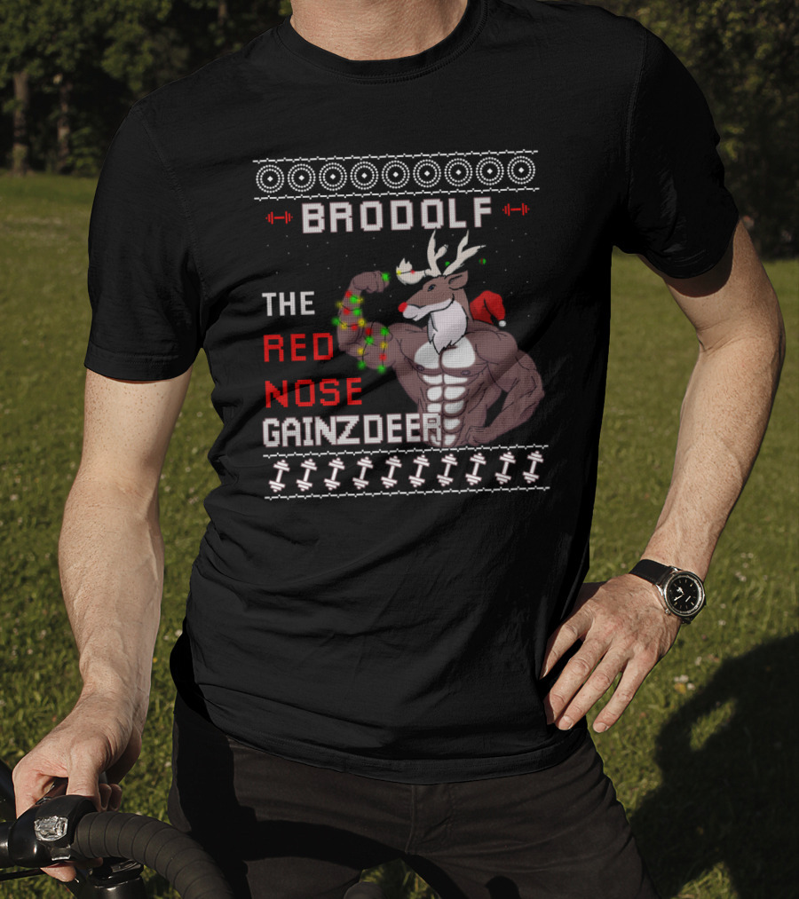 Brodolf The Red Nose Gainzdeer Lifting Weights Festive Sweater Style Fitness T-Shirt