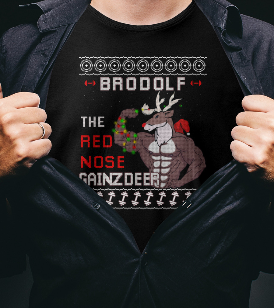 Brodolf The Red Nose Gainzdeer Lifting Weights Festive Sweater Style Fitness T-Shirt