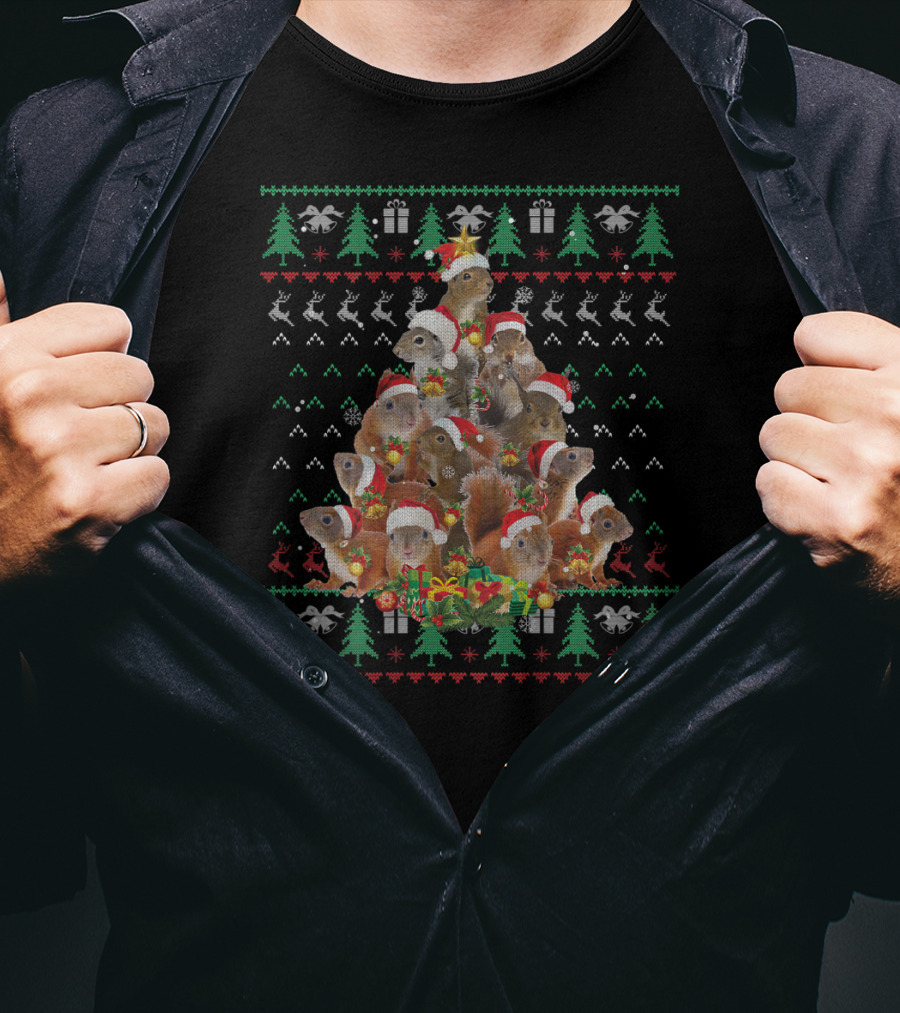 Christmas Tree Squirrel Santa Hats And Presents T-Shirt