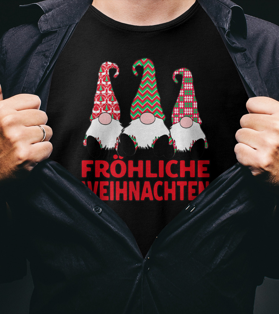 Fröhliche Weihnachten German Nordic Gnomes Pattern Trio T-Shirt