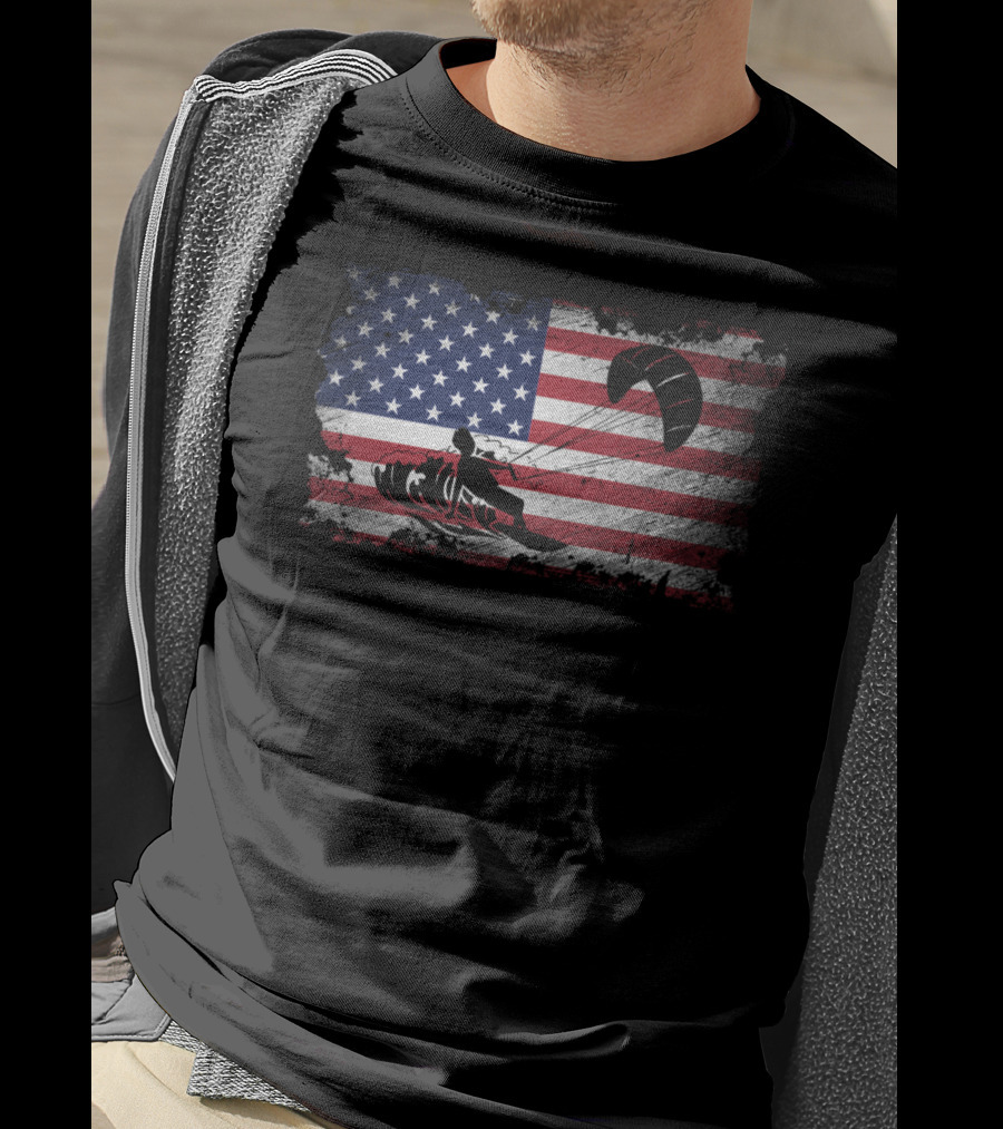 Kiteboarding With American Flag Proud USA Patriot T-Shirt