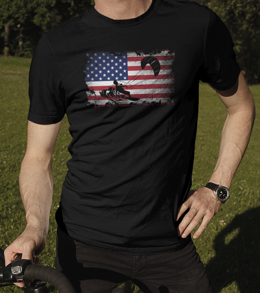 Kiteboarding With American Flag Proud USA Patriot T-Shirt