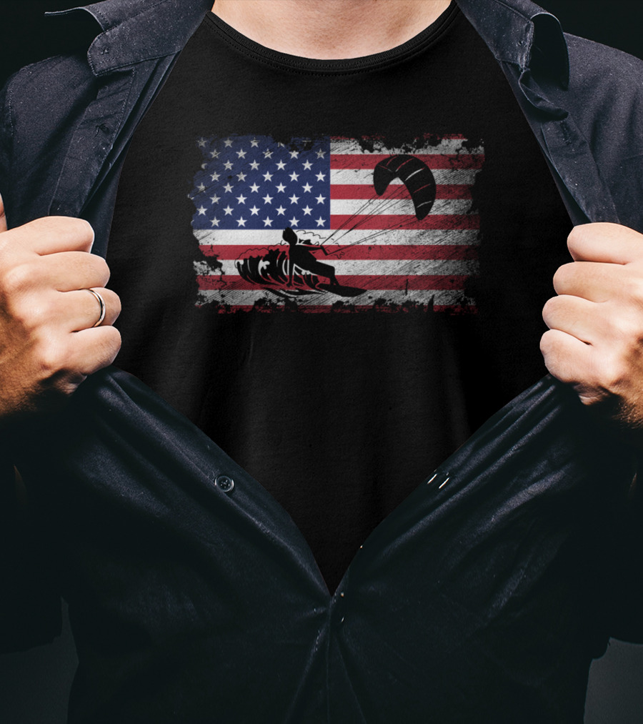 Kiteboarding With American Flag Proud USA Patriot T-Shirt