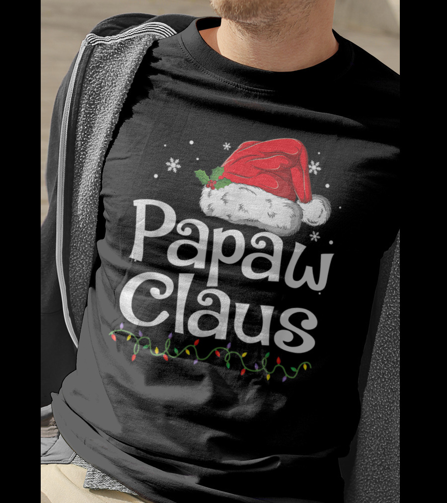 Papaw Claus Christmas Santa Hat With Snowflakes And Holiday Lights T-Shirt