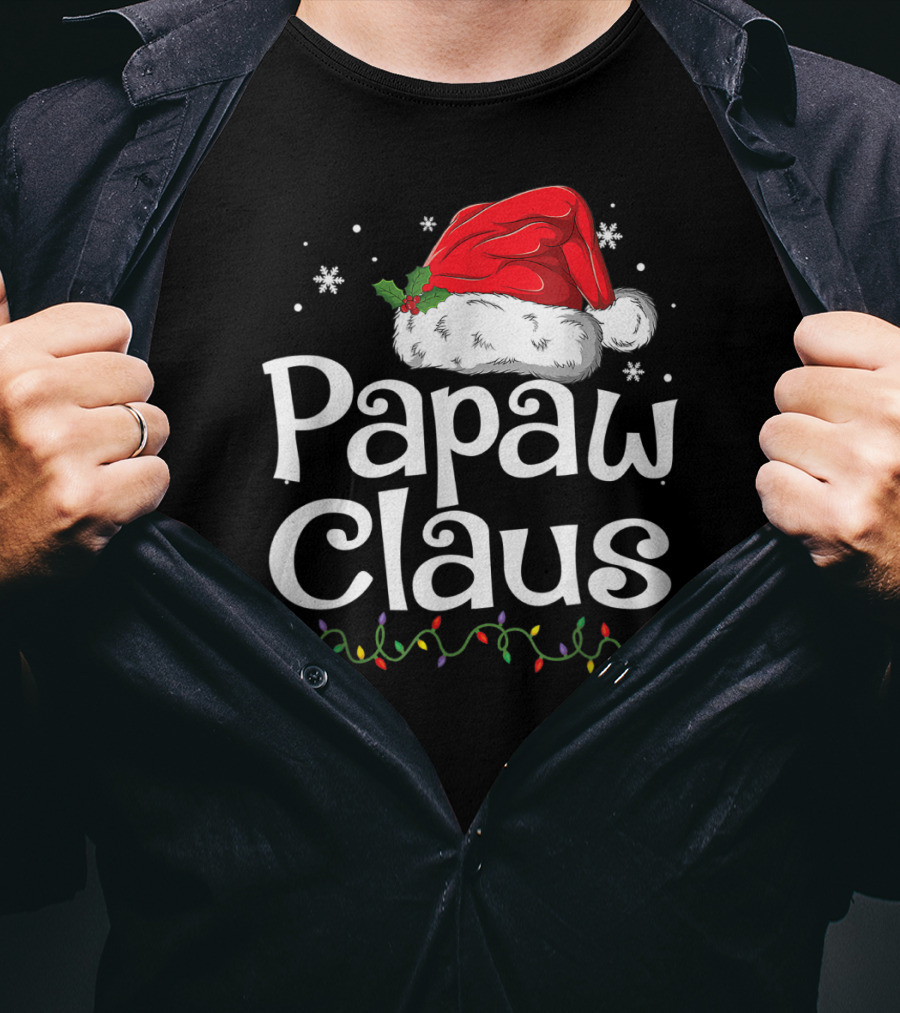 Papaw Claus Christmas Santa Hat With Snowflakes And Holiday Lights T-Shirt