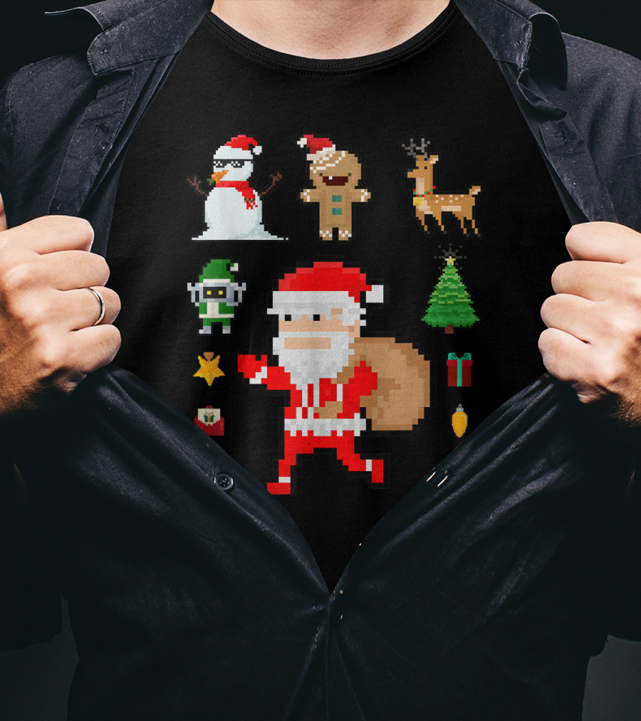 Pixel 8Bit Santa Claus Snowman Gingerbread Reindeer Christmas Tree Gifts Gaming T-Shirt