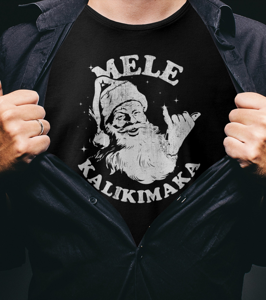 Retro Mele Kalikimaka Santa Shaka Hawaii Christmas T-Shirt