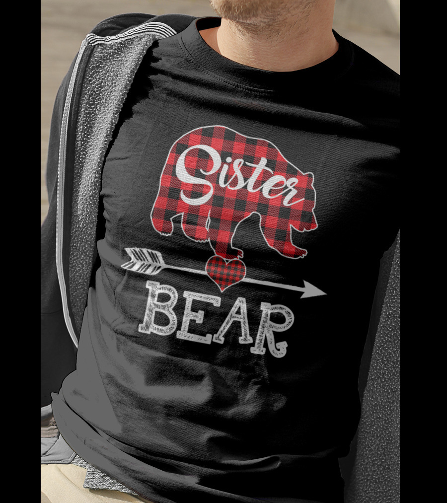 Sister Bear Christmas Red Plaid Buffalo Arrow Heart T-Shirt