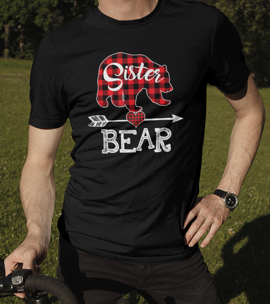 Sister Bear Christmas Red Plaid Buffalo Arrow Heart T-Shirt