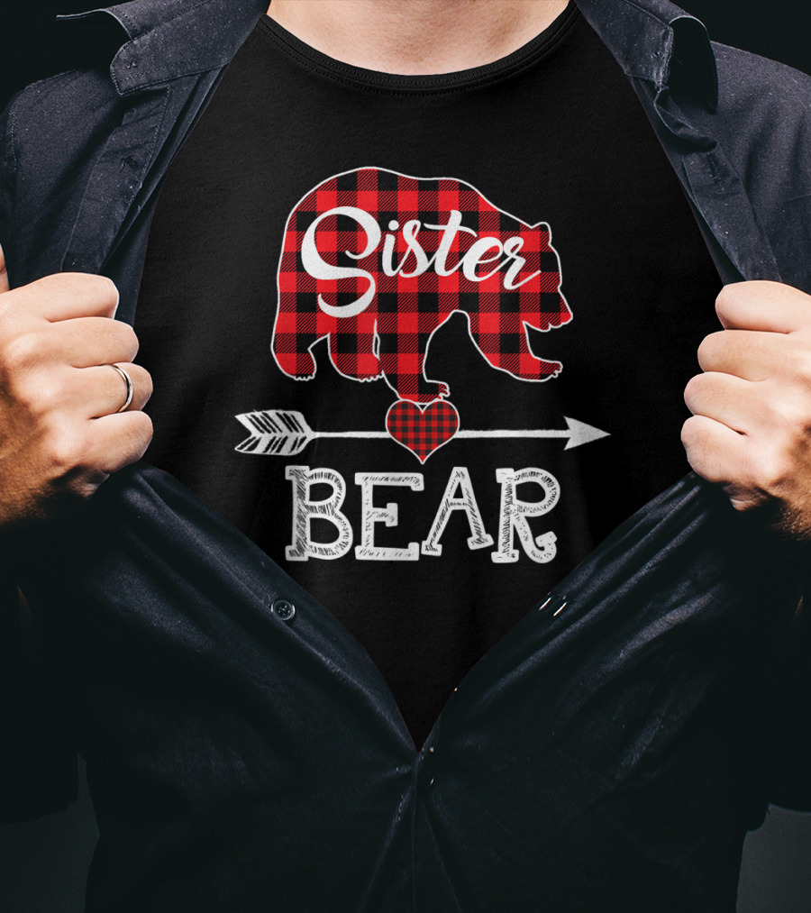 Sister Bear Christmas Red Plaid Buffalo Arrow Heart T-Shirt