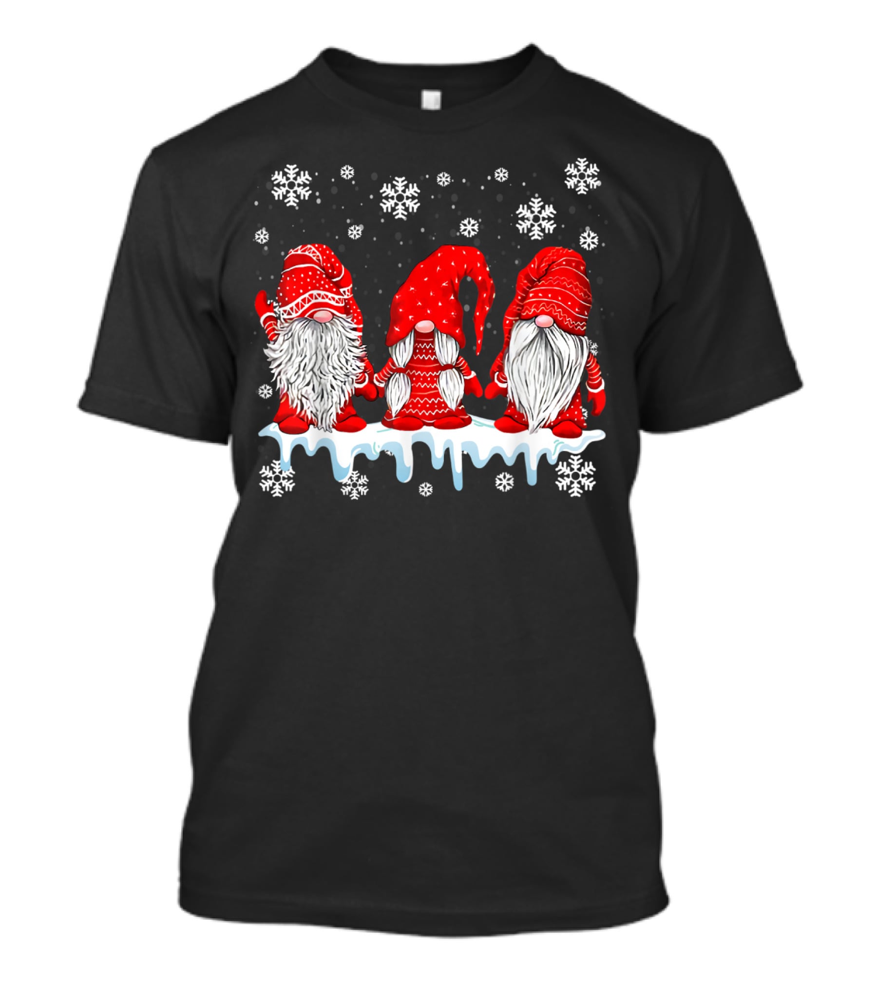 Three Festive Red Gnomes With Snowflakes T-Shirt