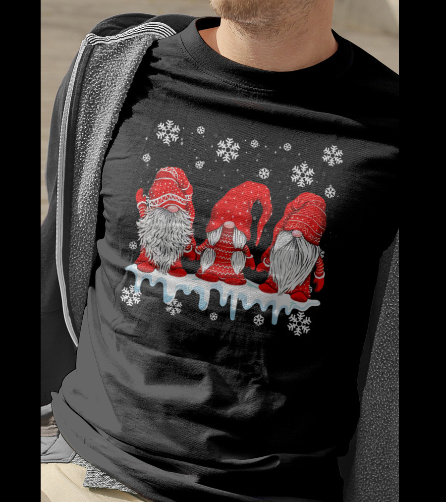 Three Festive Red Gnomes With Snowflakes T-Shirt
