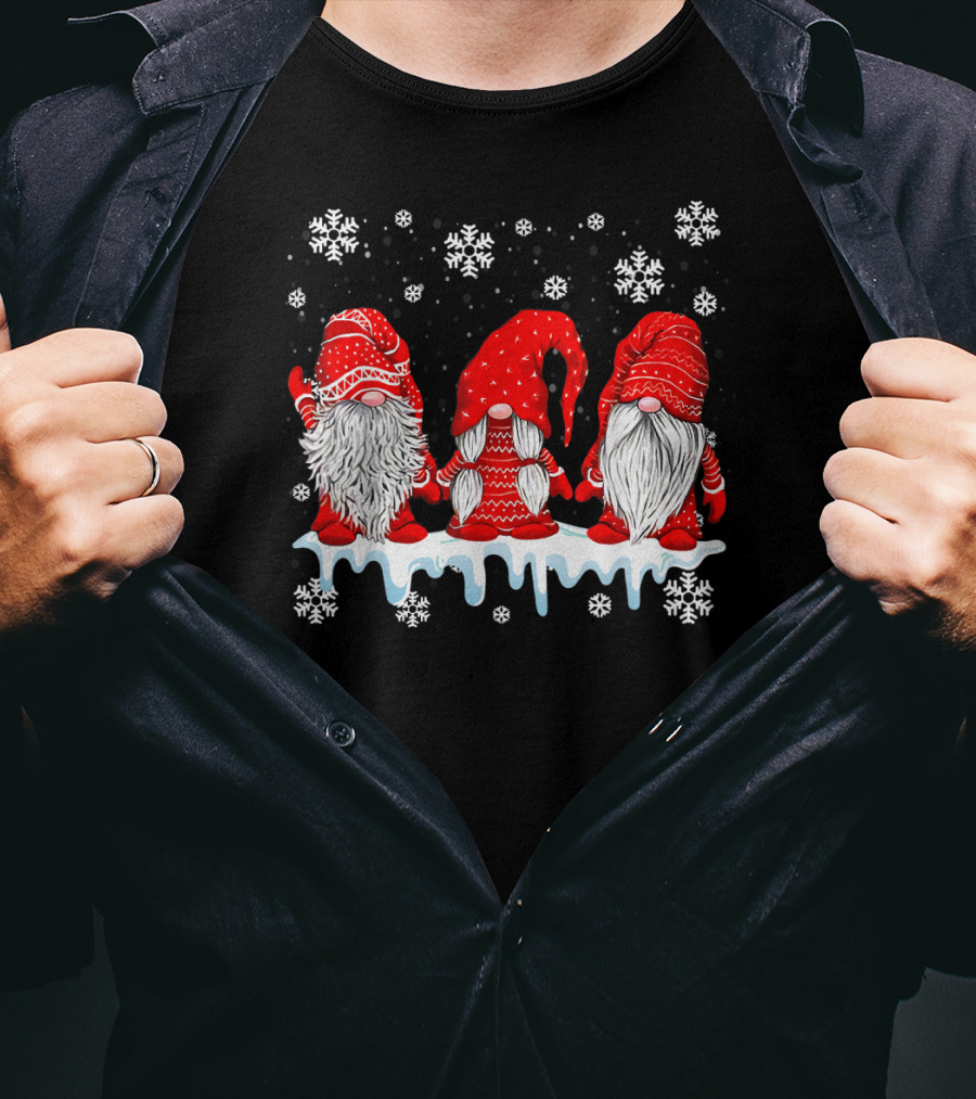 Three Festive Red Gnomes With Snowflakes T-Shirt