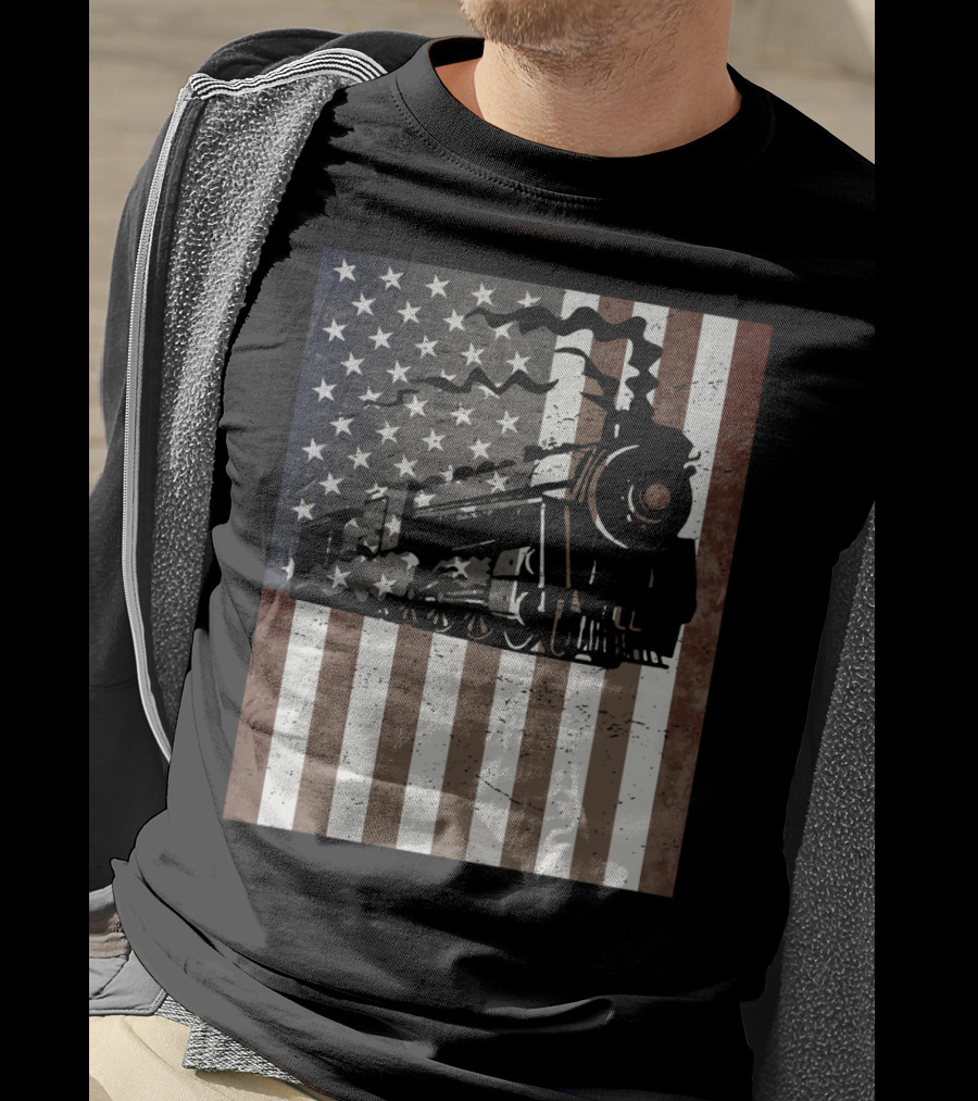American Flag Steam Train Vintage Model Builder T-Shirt