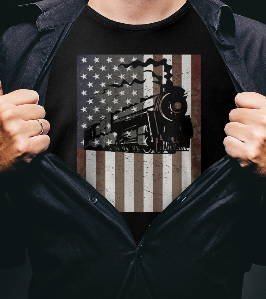 American Flag Steam Train Vintage Model Builder T-Shirt