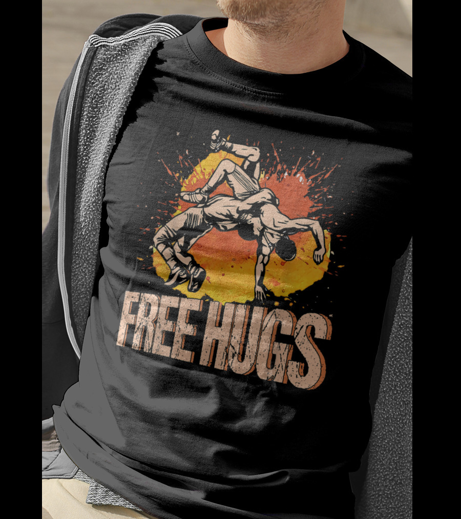 Free Hugs Wrestling Art With Splash Background T-Shirt