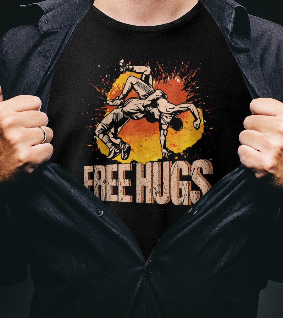 Free Hugs Wrestling Art With Splash Background T-Shirt