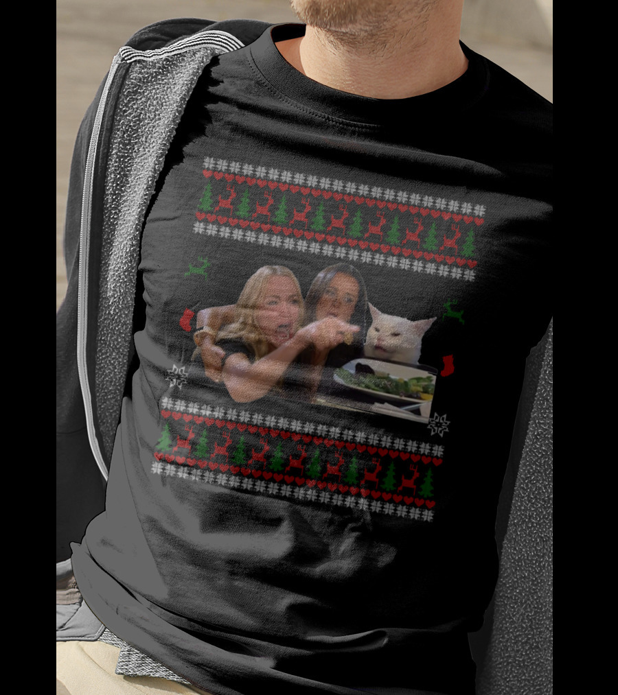 Yelling At A Cat Ugly Christmas Meme Sweater Pattern With Reindeer And Trees T-Shirt