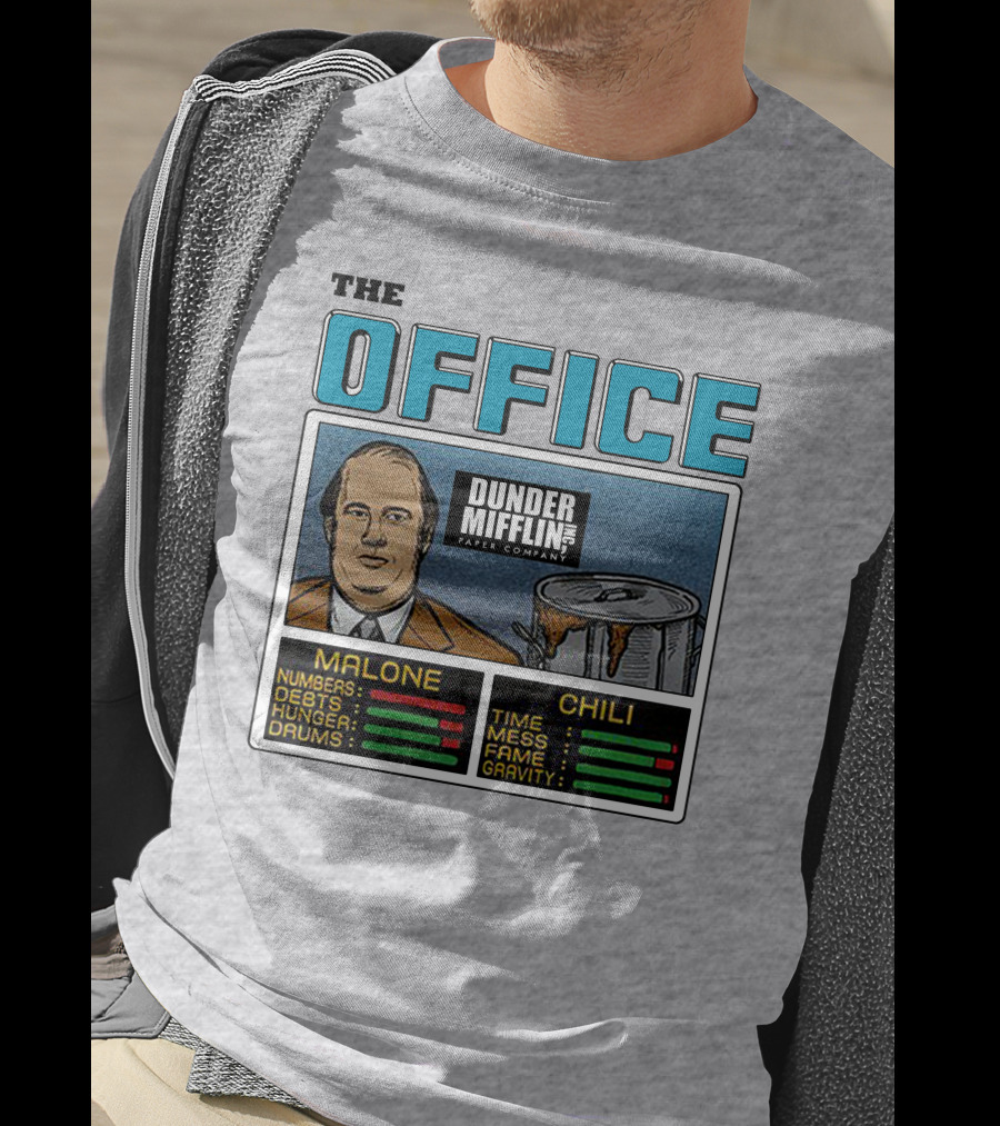 The Office Dunder Mifflin Kevin Malone Chili Numbers Debts Hunger Drums Time Mess Fame Gravity T-Shirt