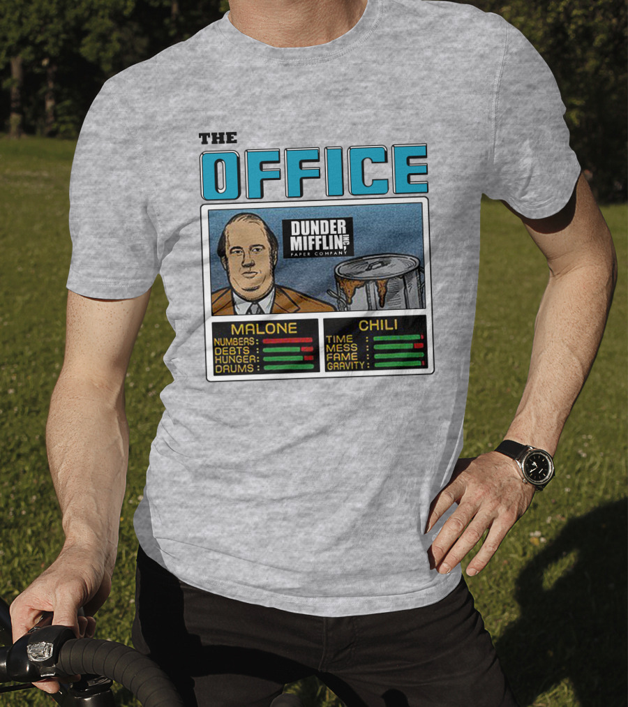The Office Dunder Mifflin Kevin Malone Chili Numbers Debts Hunger Drums Time Mess Fame Gravity T-Shirt