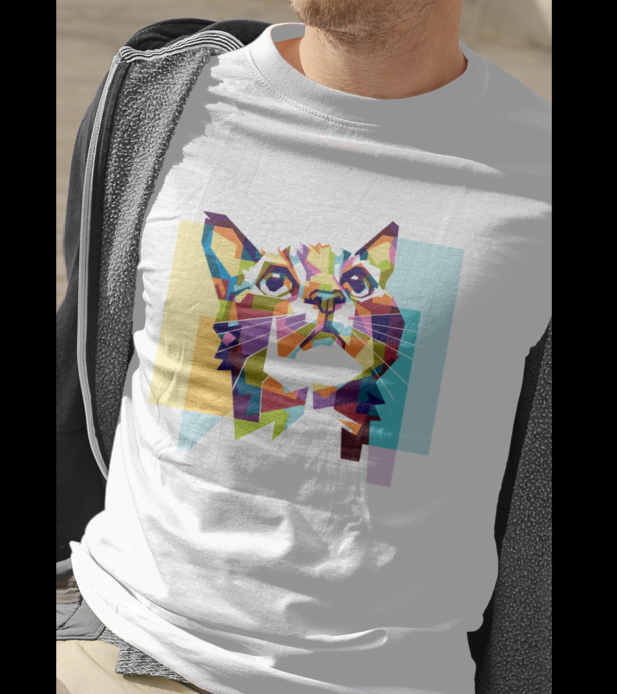 Colorful Geometric Cat Portrait In Vibrant Pop T-Shirt