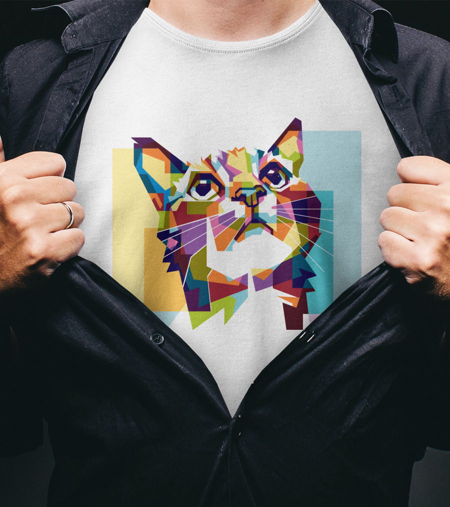 Colorful Geometric Cat Portrait In Vibrant Pop T-Shirt