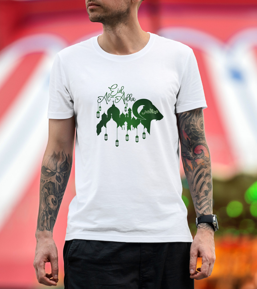 Eid Al-Adha Arabic Script Lanterns and Mosque T-Shirt