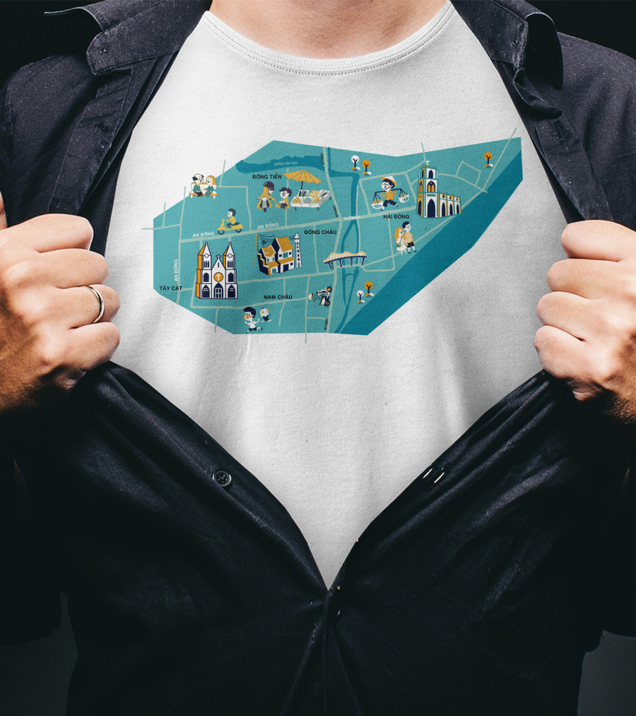 Hanoi Vietnam Historic Sites Map With Iconic Landmarks And Streets T-Shirt