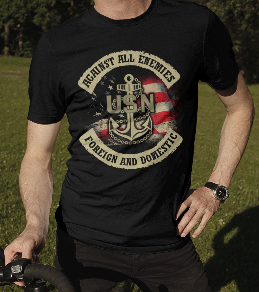 Usn Against All Enemies Foreign And Domestic Anchor American Flag T-Shirt
