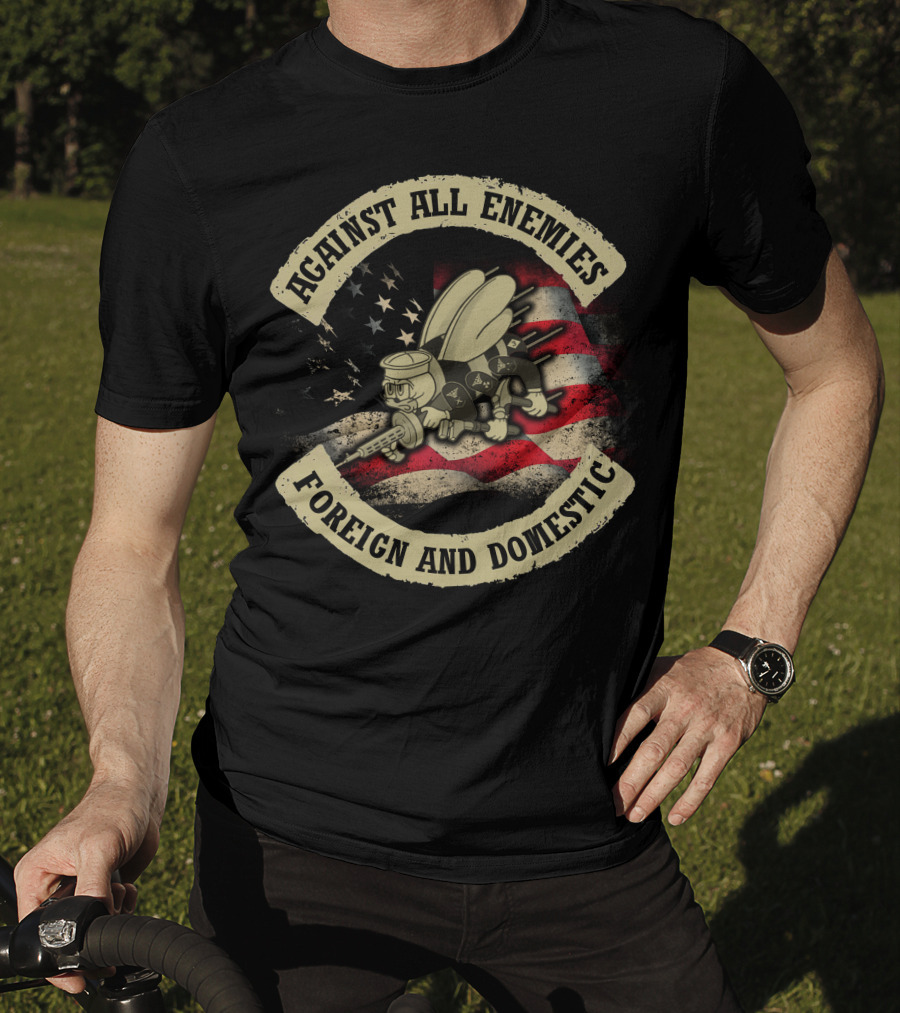 Against All Enemies Foreign And Domestic Vintage Army Bee Usa Flag T-Shirt