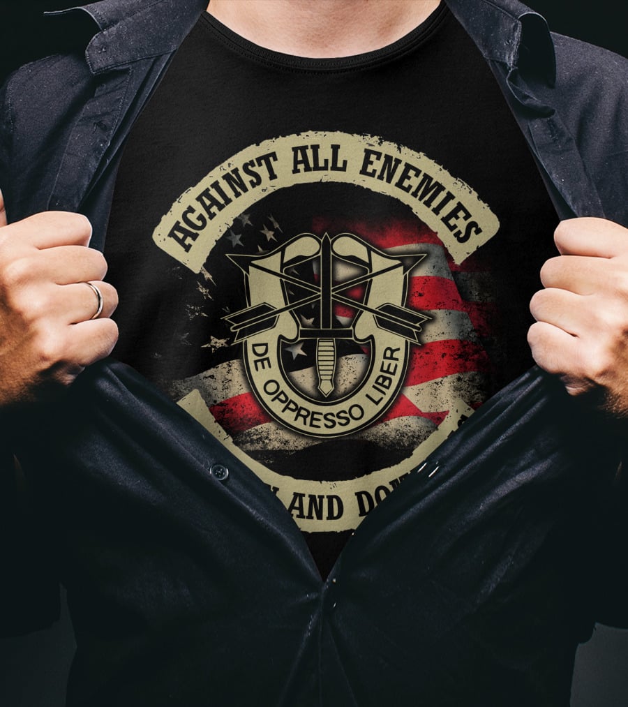 Against All Enemies Foreign And Domestic De Oppresso Liber American Flag T-Shirt