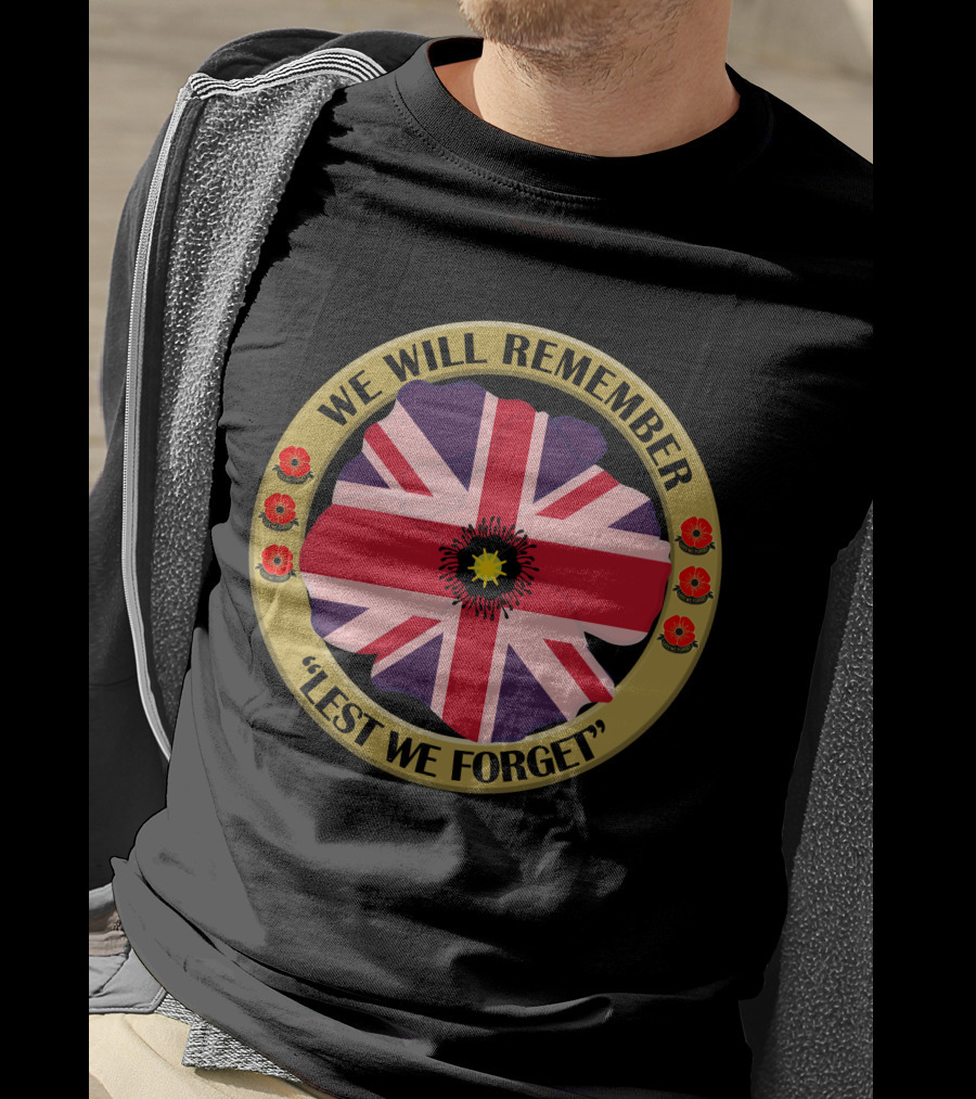We Will Remember Lest We Forget Union Jack Poppy Remembrance T-Shirt