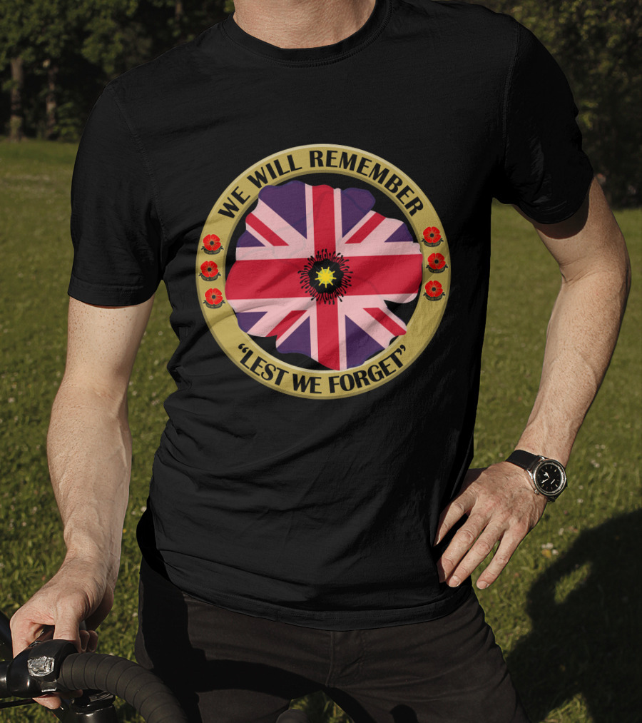 We Will Remember Lest We Forget Union Jack Poppy Remembrance T-Shirt