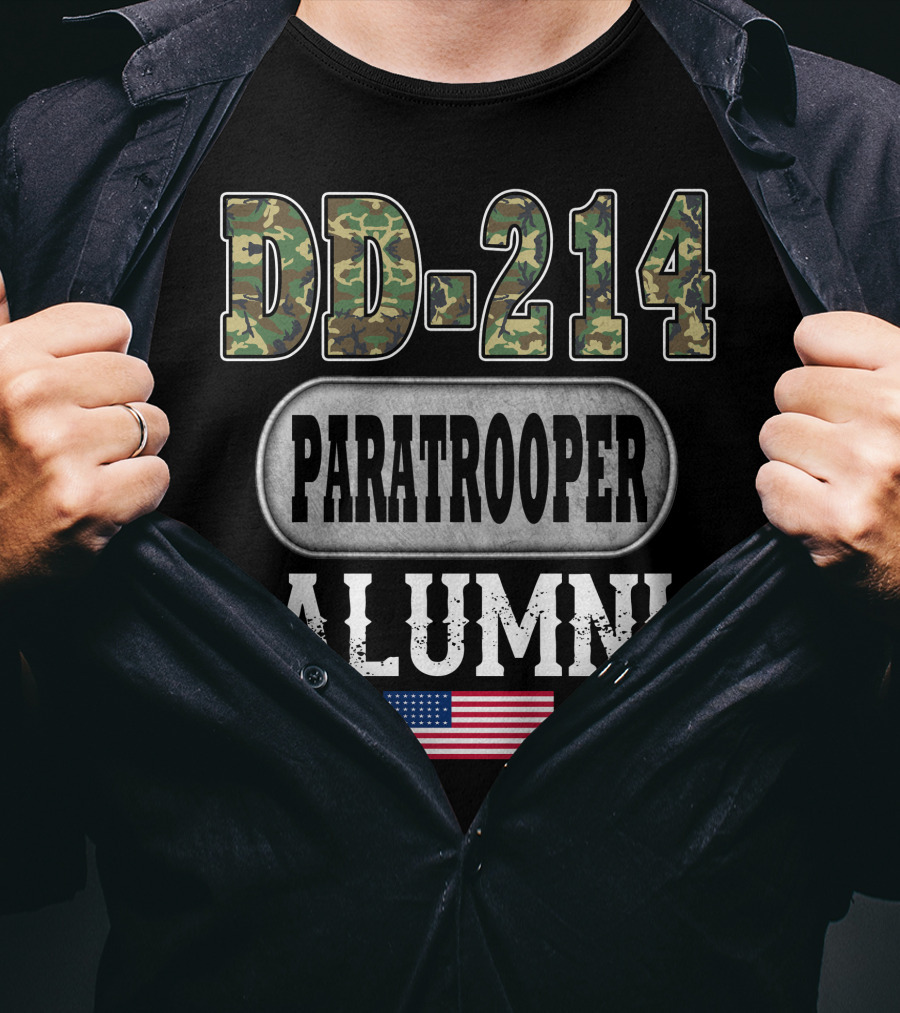 Dd-214 Paratrooper Alumni American Flag Camouflage Stars T-Shirt