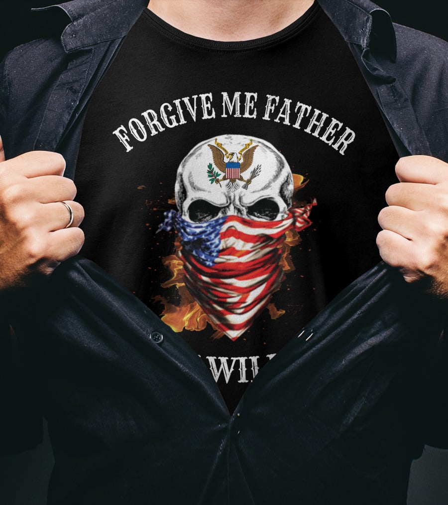 Forgive Me Father For I Will Sin Skull American Flag Bandana Bald Eagle Crest T-Shirt