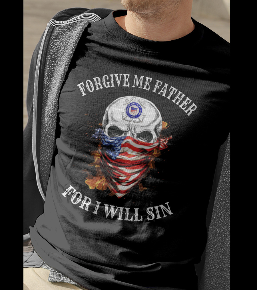 Forgive Me Father For I Will Sin Skull With American Flag Bandana And Fire T-Shirt