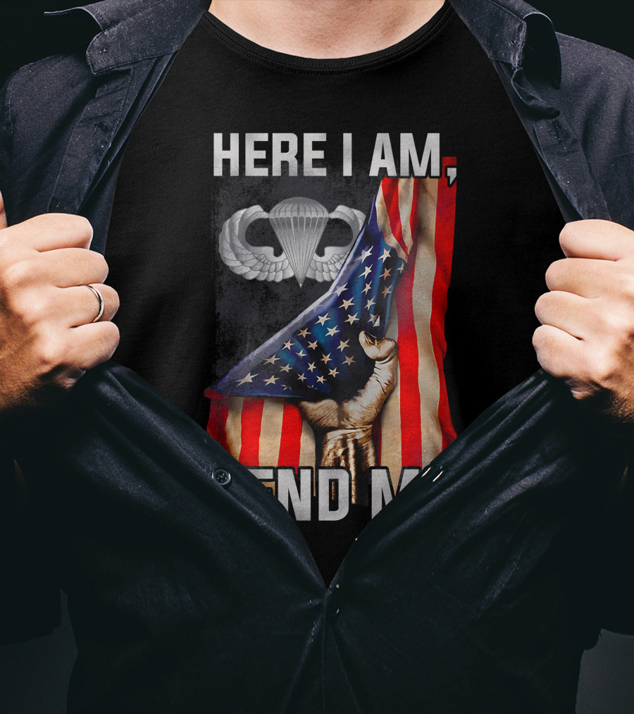 Here I Am Send Me American Flag Paratrooper Wings T-Shirt