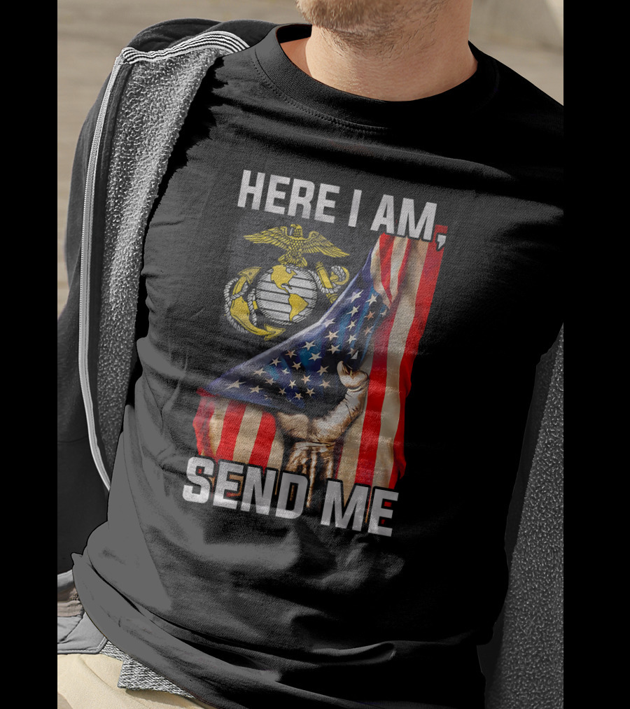 Here I Am Send Me Us Marine Corps American Flag T-Shirt