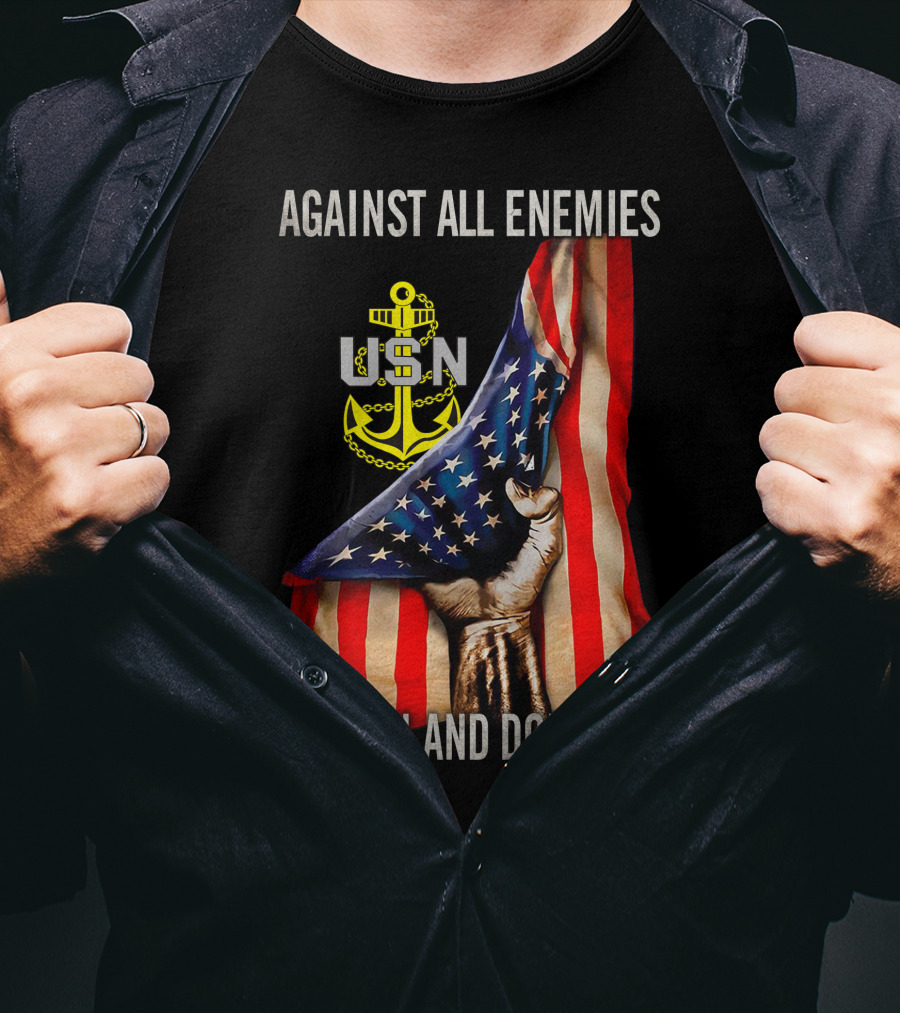 Against All Enemies Foreign And Domestic Usn Anchor American Flag T-Shirt