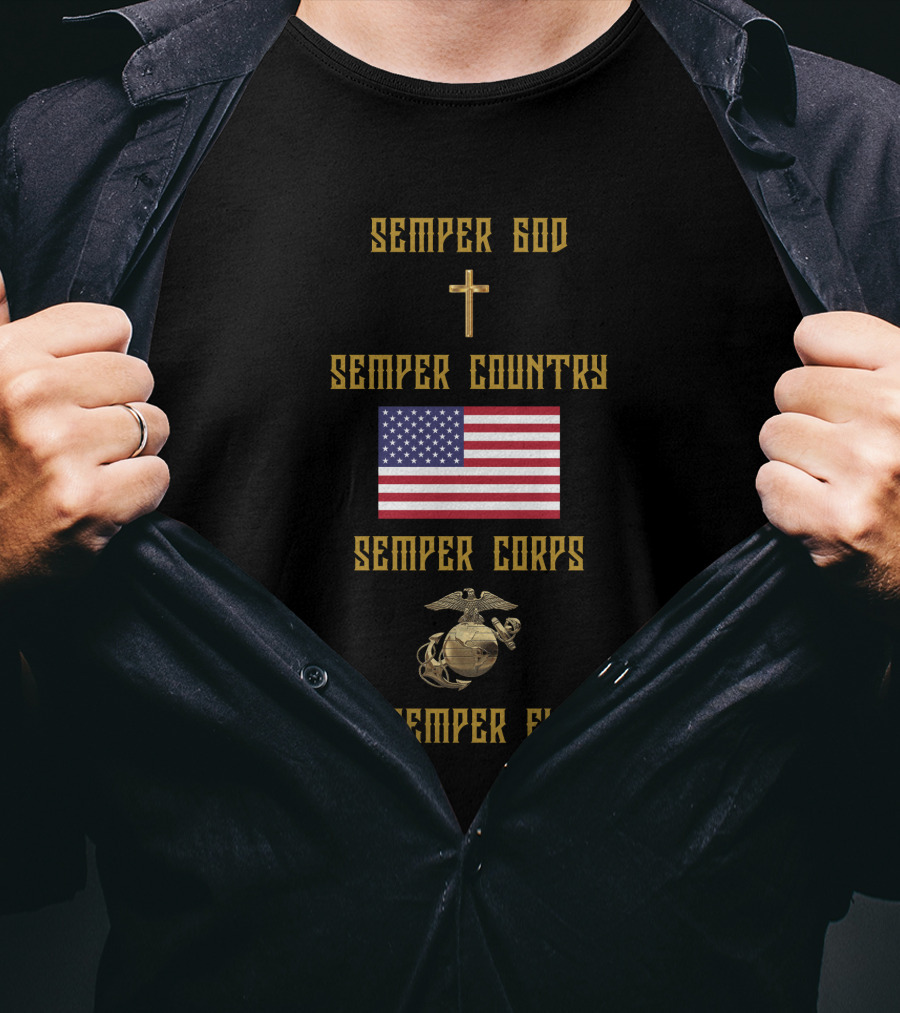 Semper God Country Corps Fi American Flag Eagle Globe Anchor Cross T-Shirt