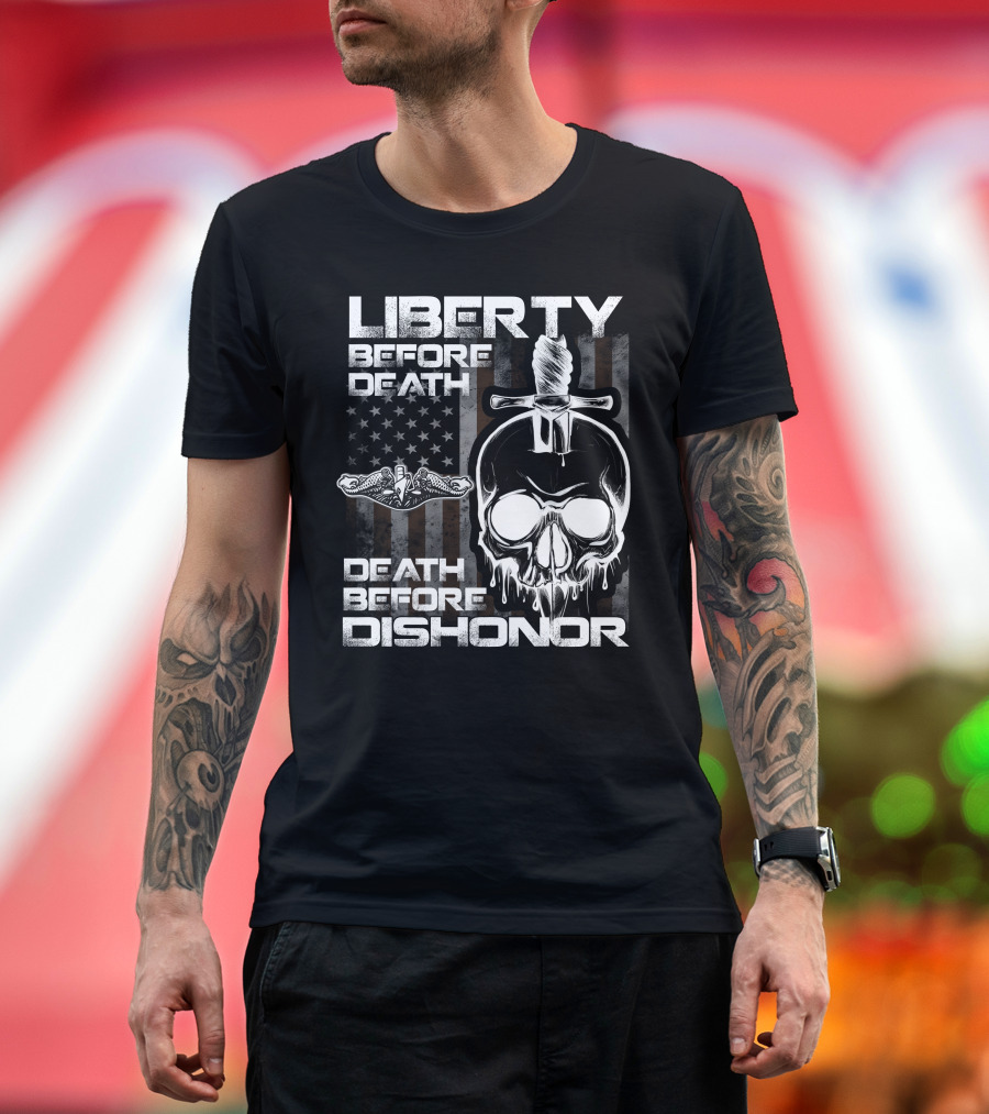 Liberty Before Death Before Dishonor Skull Dagger American Flag T-Shirt