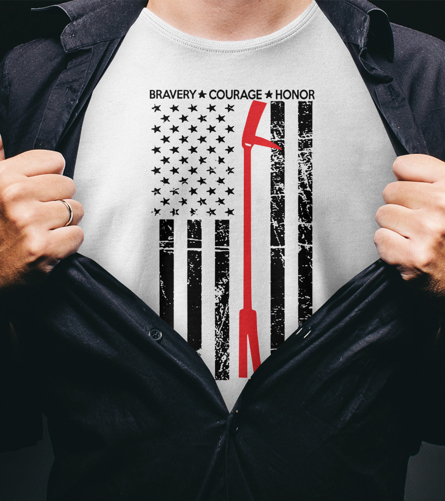 BRAVERY COURAGE HONOR Firefighter Flag With Red Halligan Tool T-Shirt