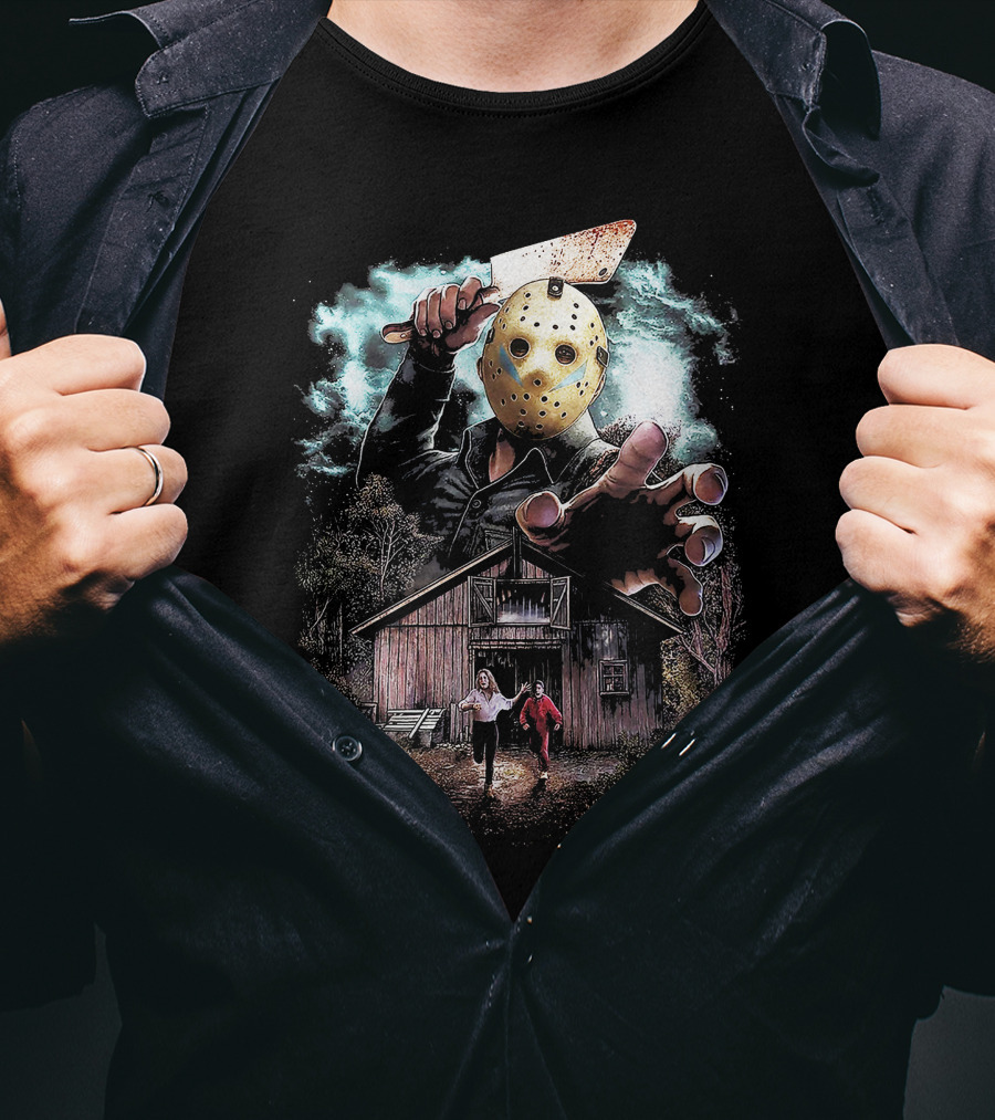 Friday The 13th Jason Voorhees Mask And Cabin Scene T-Shirt