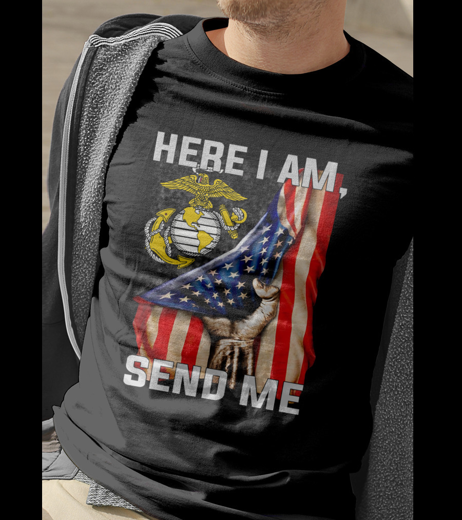 Here I Am Send Me US Marine Corps Eagle Globe Anchor American Flag T-Shirt