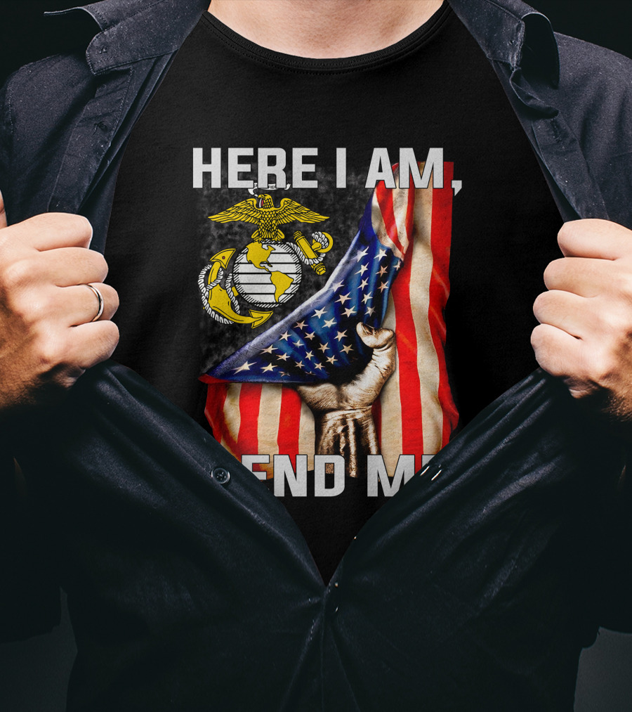 Here I Am Send Me US Marine Corps Eagle Globe Anchor American Flag T-Shirt