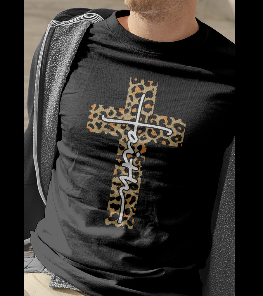 FAITH GUUZ Leopard Print Cross T-Shirt