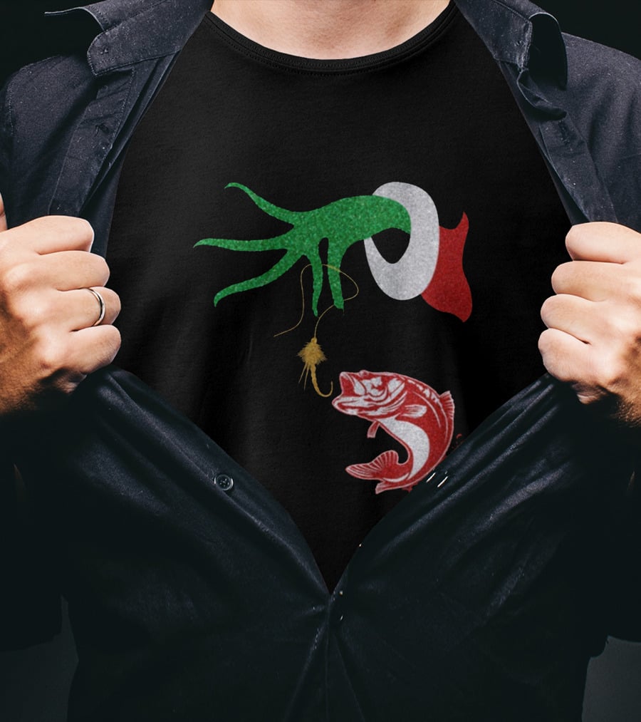 Ginch Christmas Fishing Grinch Hand With Fish Hook And Jumping Fish T-Shirt