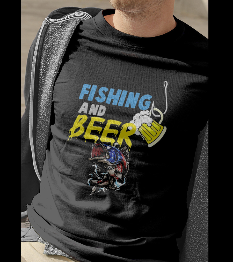 Fishing And Beer American Flag Fish Version With Mug And Hook T-Shirt
