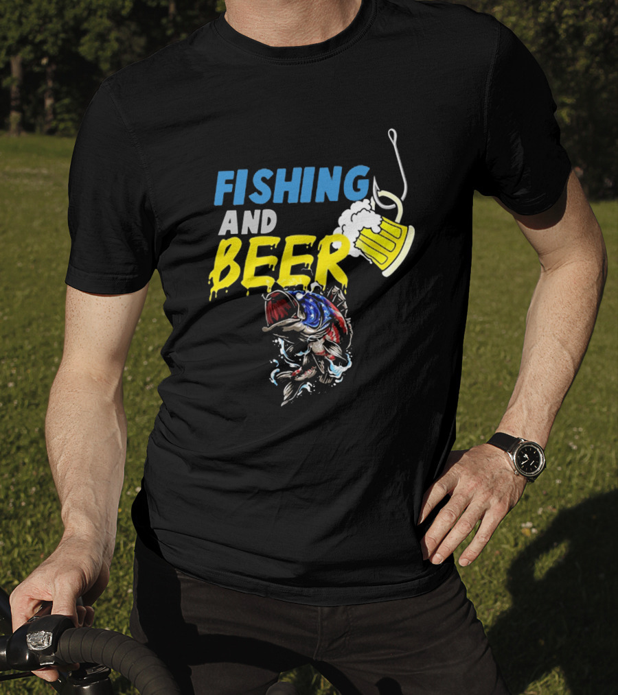 Fishing And Beer American Flag Fish Version With Mug And Hook T-Shirt